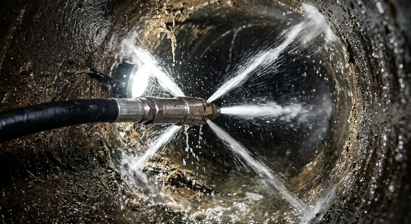 High-pressure hydro jetting nozzle cleaning sewer pipe for Trenchless Sewer Repair in Fishkill