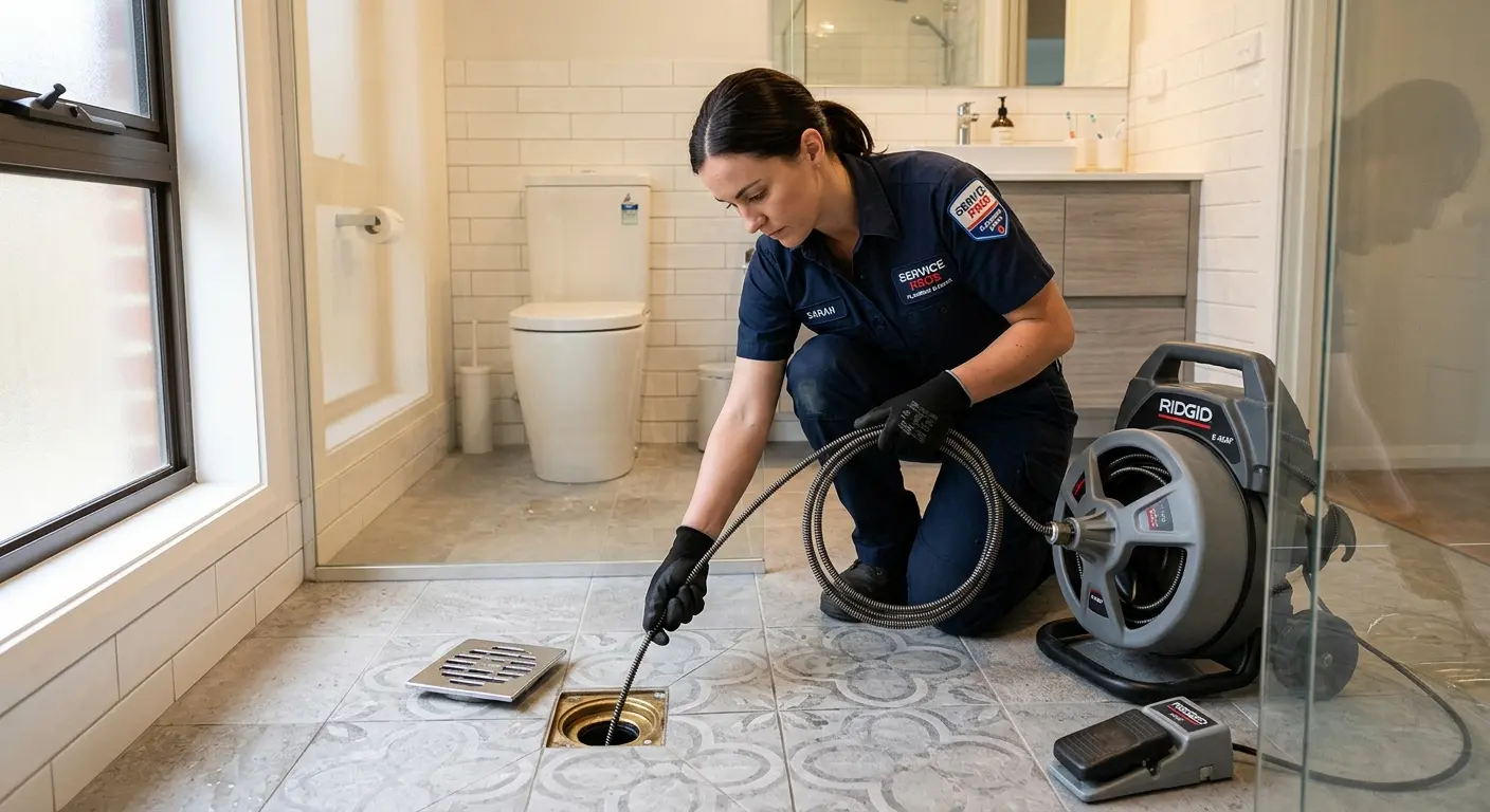 Technician clearing a bathroom floor drain for Sewer Line Replacement in Fishkill